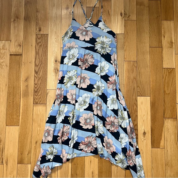O'Neill Dresses & Skirts - O’Neill Handkerchief Hem Blue Striped Floral Racerback Midi Dress Size Medium